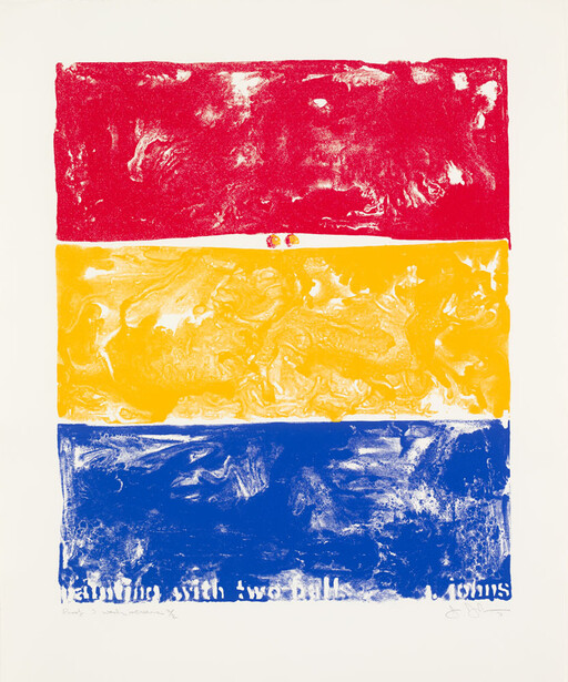 Three wide horizontal blocks of red, yellow, and blue with painterly textures.