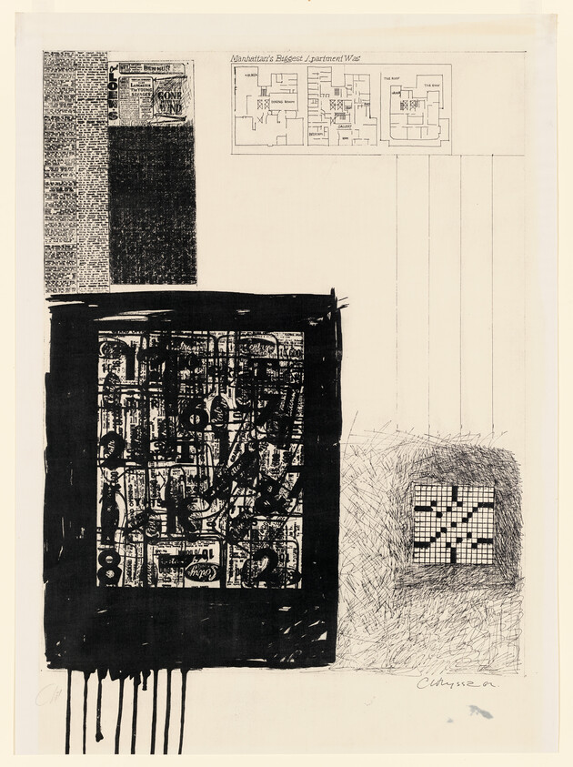 This image features an abstract black and white print with various textures and patterns. On the left, there is a column of text and a solid black rectangle above a larger, densely patterned black square with dripping ink at the bottom. To the right, there is a floor plan labeled "Manhattan's Biggest Apartment War" and a square with a crosshatch pattern. The artist's signature is visible at the bottom right.