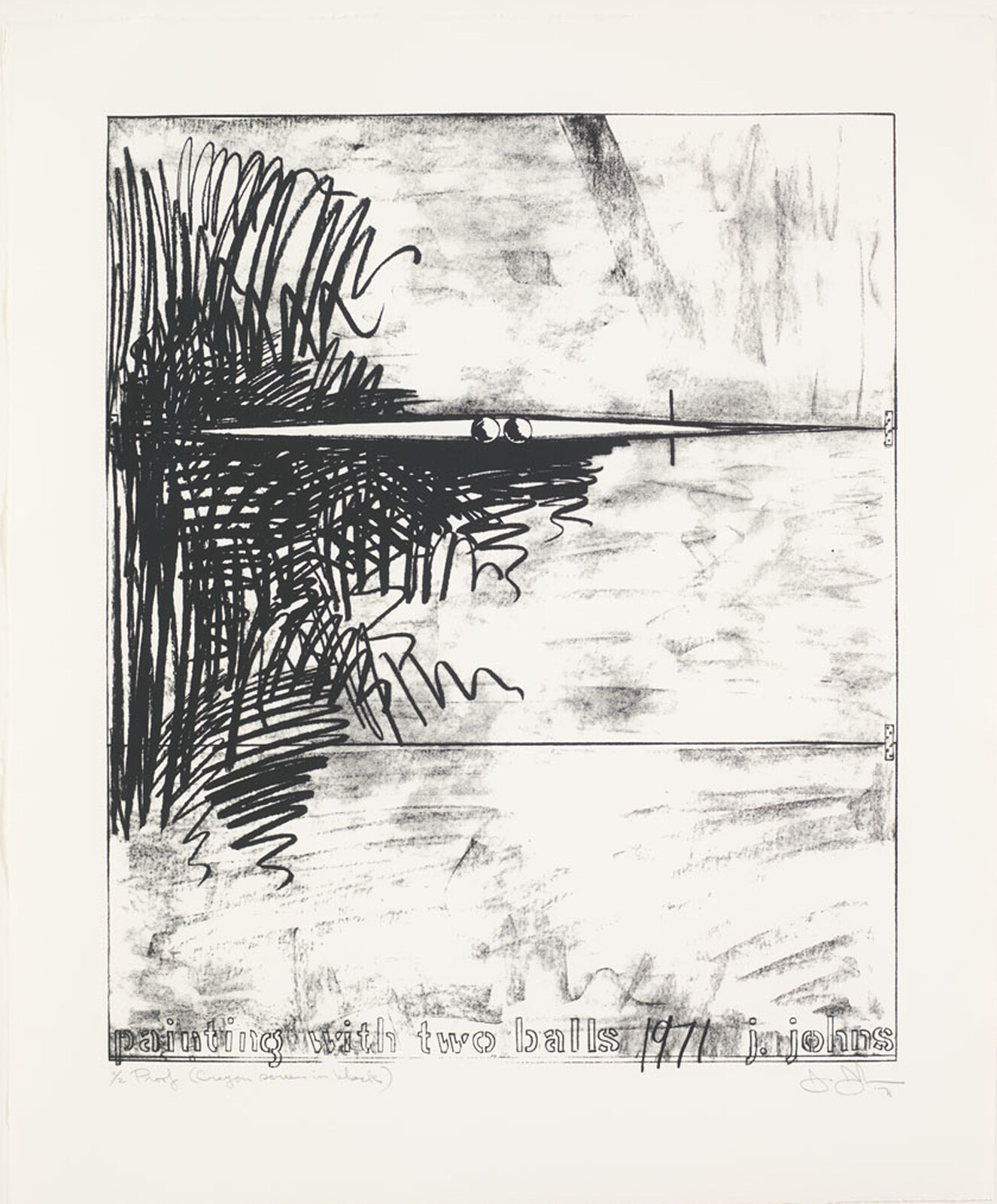 Abstract black and white drawing with scribbles and two balls. Text reads "painting with two balls 1971."