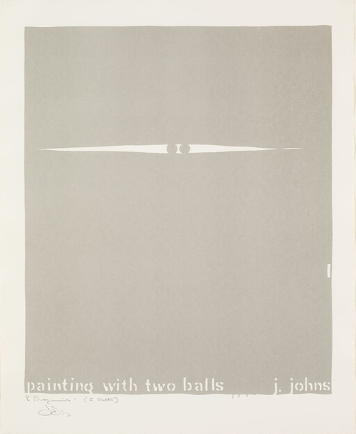 Minimal gray poster with a narrow horizontal slit and two small central circles, titled "painting with two balls."