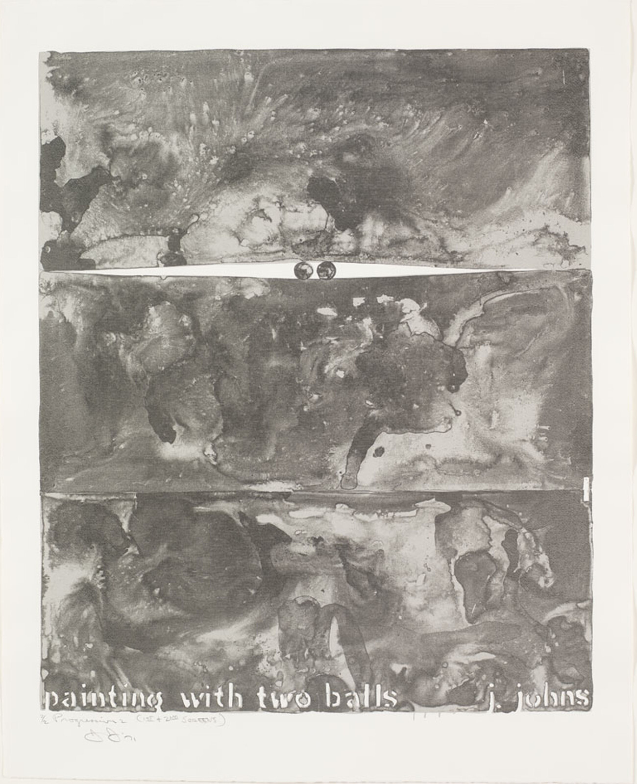 Abstract black and white artwork with two small balls and text: "painting with two balls."