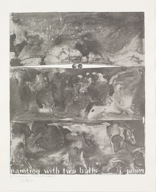 Abstract grayscale painting showing two small balls balanced on a horizontal line above textured panels.