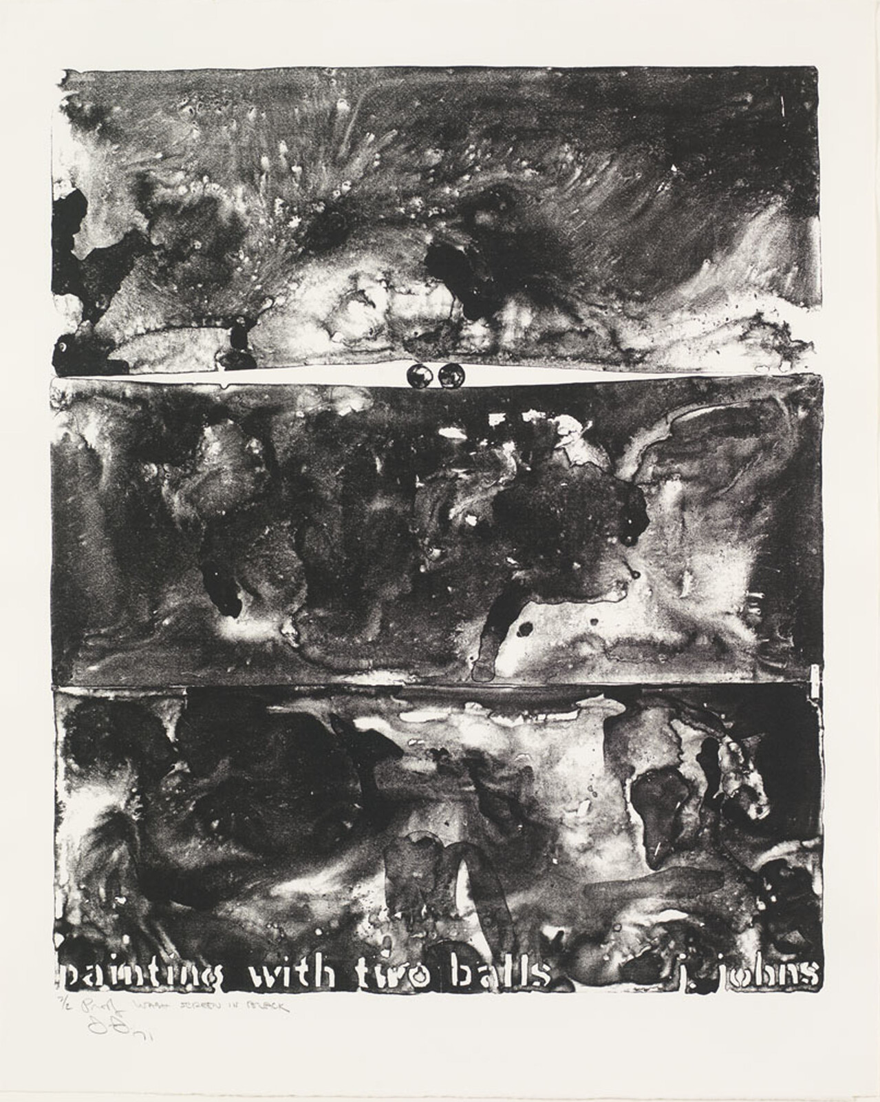 Abstract black and white artwork with three sections, featuring text: "painting with two balls."