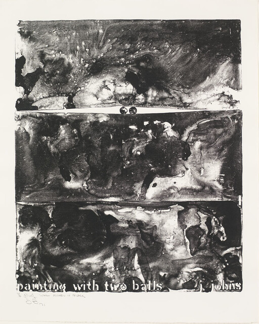 Three large black ink panels with abstract textures and two small balls near the center, titled painting with two balls.