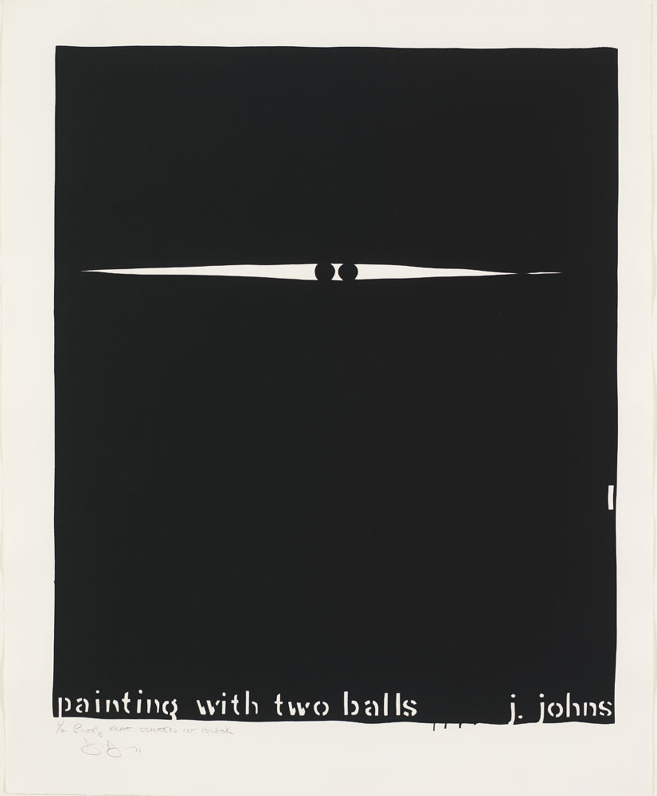 Black and white abstract artwork with two balls and text: "painting with two balls j. johns."