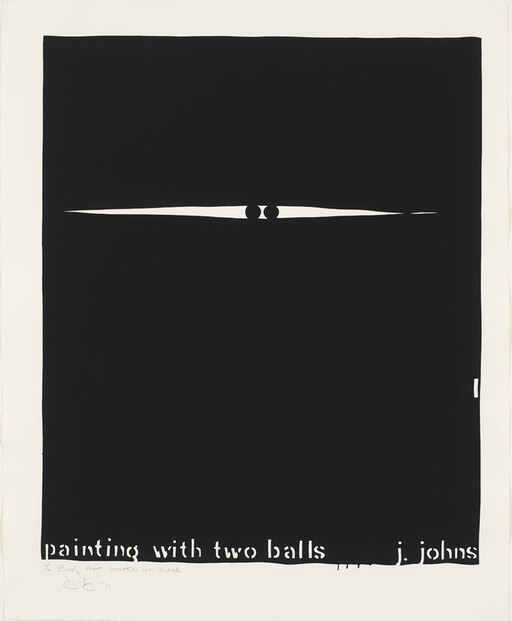 Large black canvas with narrow horizontal white slit revealing two small black circles and title text below.