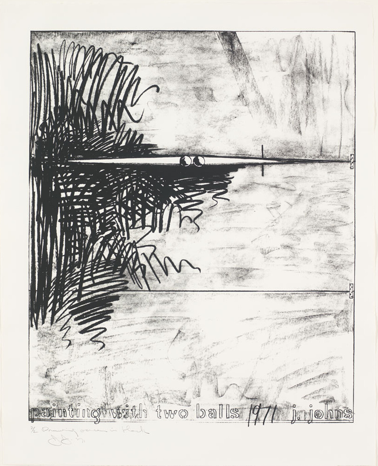 Abstract black and white drawing with scribbles and two balls. Text reads "painting with two balls 1971."