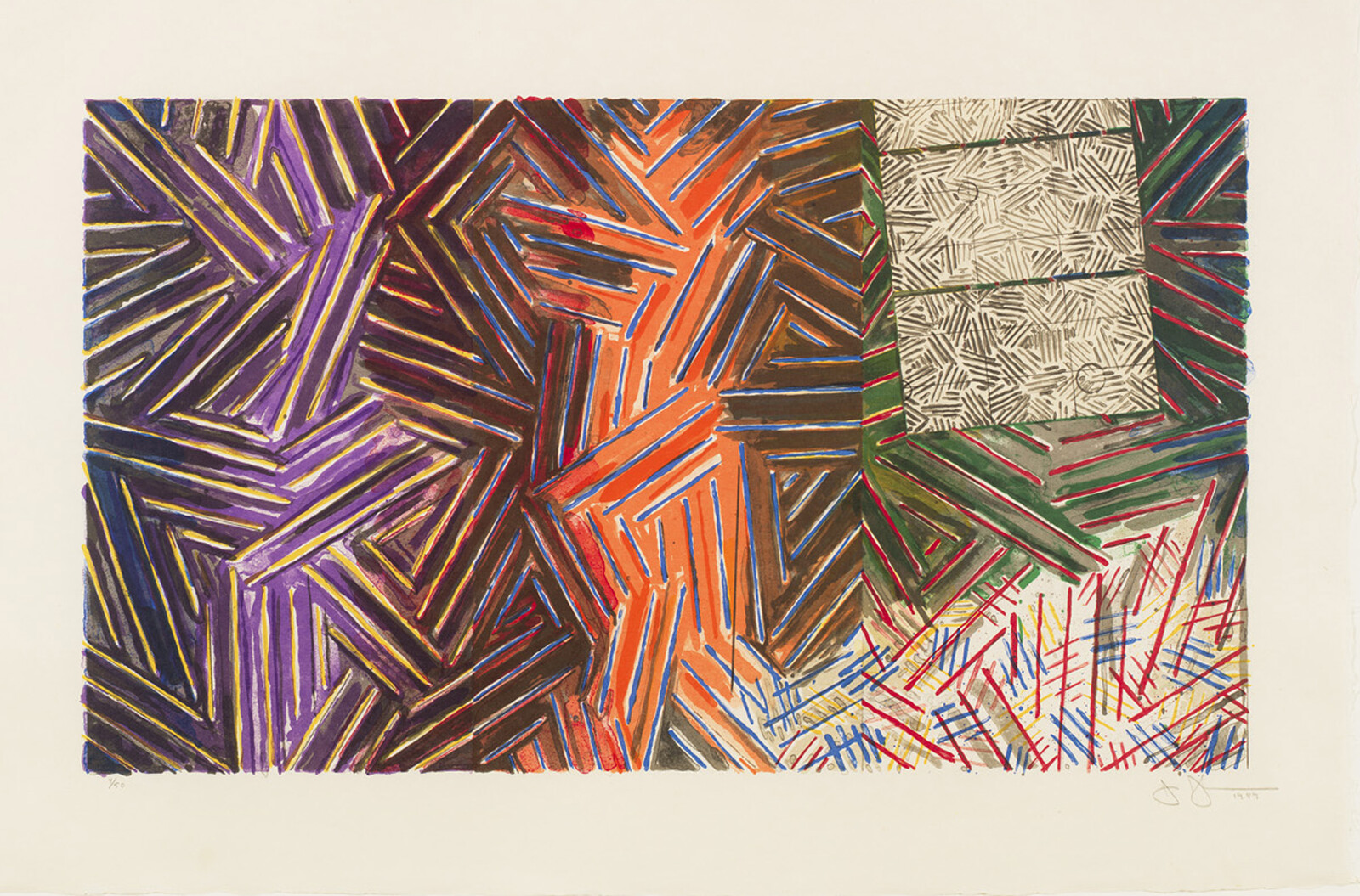 Abstract geometric artwork with overlapping colorful diagonal stripes forming purple, orange, green, and patterned sections.