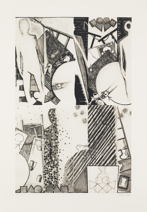 Abstract black-and-white collage showing human silhouettes, ladders, circles, and patterned geometric shapes.