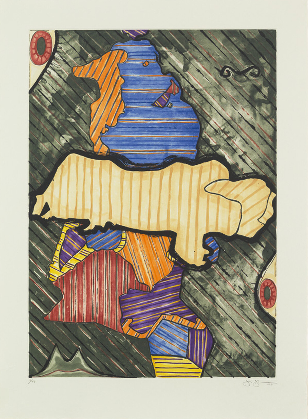 Abstract stacked puzzle-like shapes with colorful stripes against a dark diagonally hatched background.