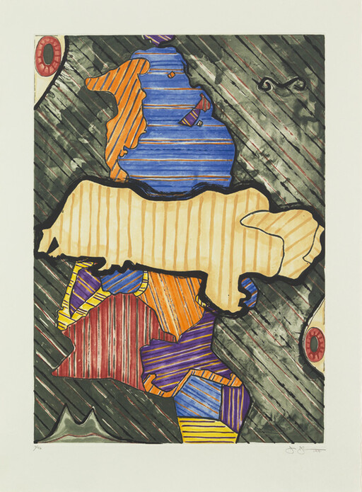 Abstract stacked puzzle-like shapes with colorful stripes against a dark diagonally hatched background.