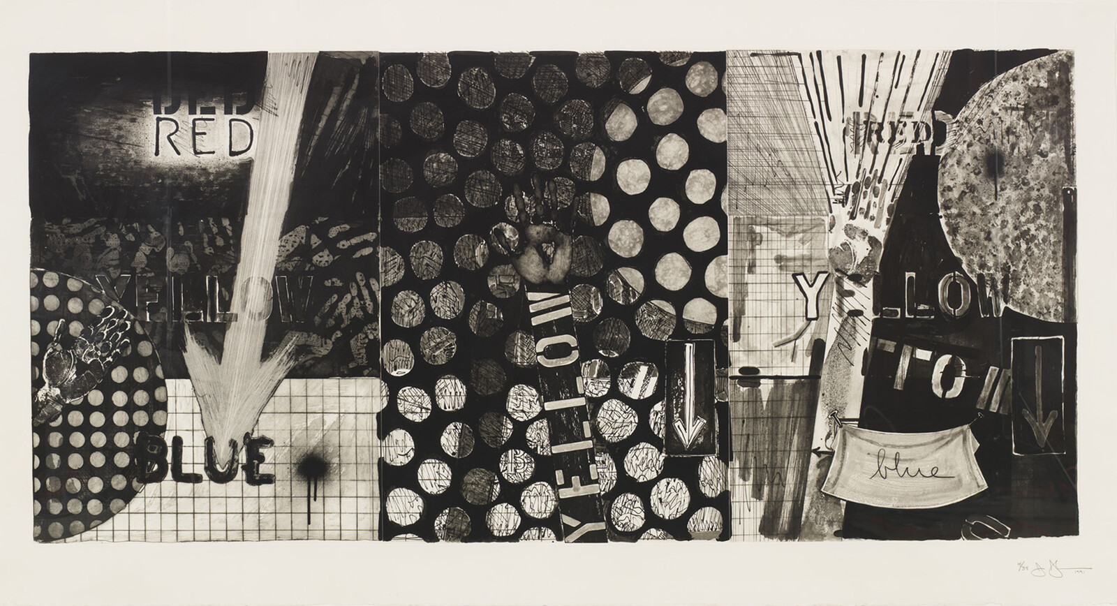 Collage of polka dots, arrows, and stenciled words "red", "yellow", and "blue" across panels.