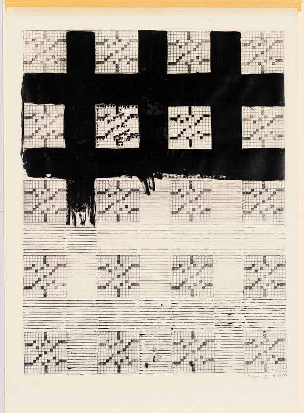 Large black grid painted over a sheet of crossword puzzles, with paint drips and smudges.