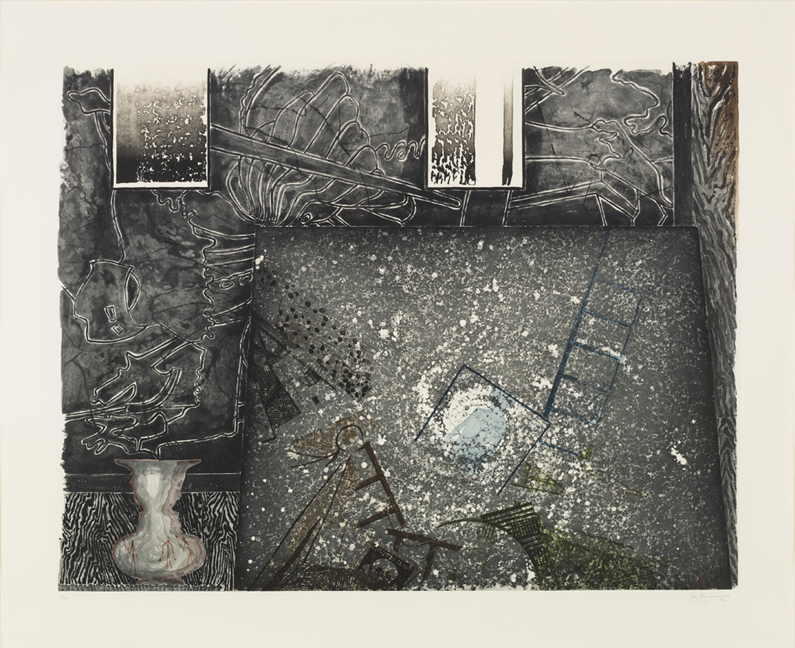 Dark textured rectangle with tilted ladders and a pale vase set against etched decorative panels.