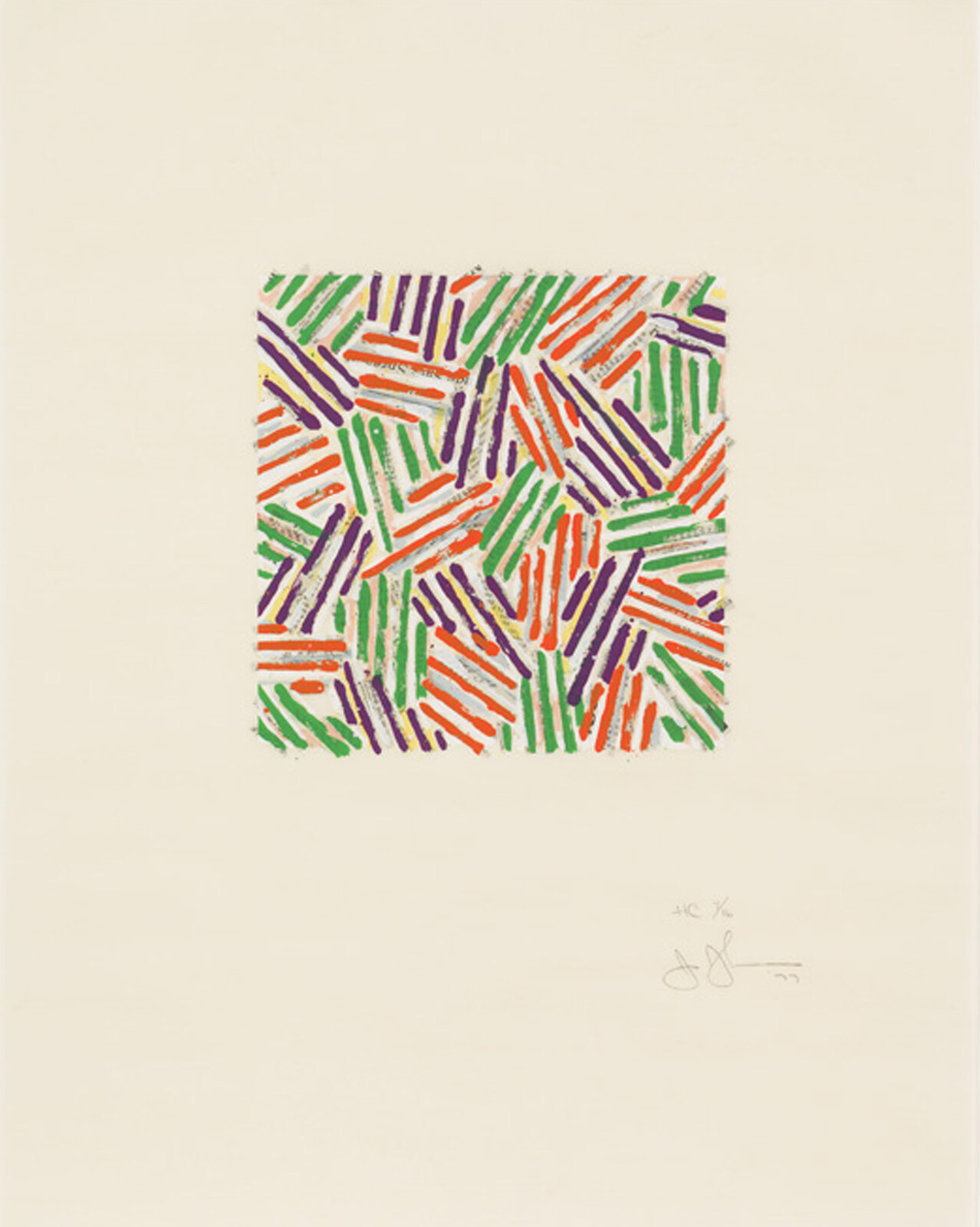 Square pattern with overlapping green, orange, and purple lines on a light background. Signature at bottom.