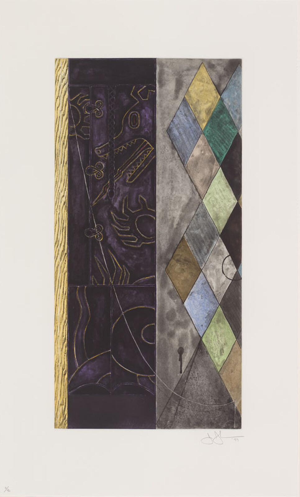 Tall vertical abstract panel with dark purple embossed motifs on the left and colorful diamond pattern on the right.