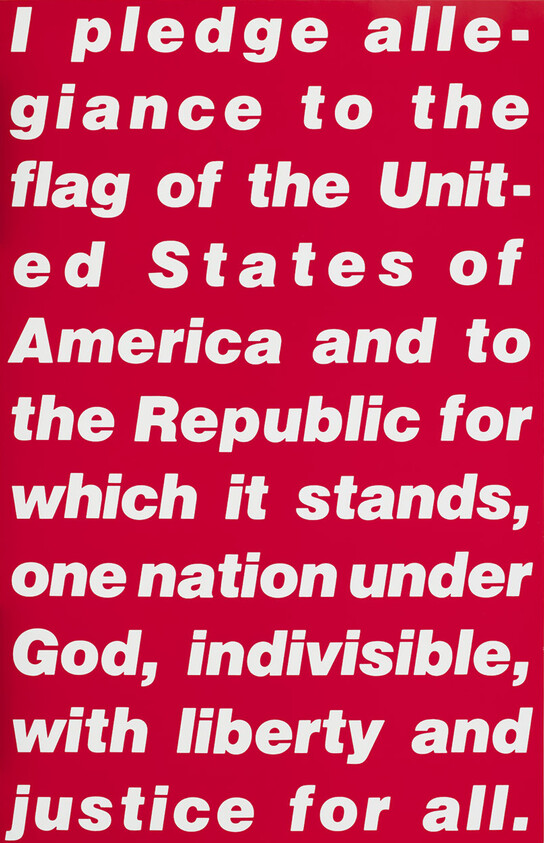 Text of the Pledge of Allegiance in bold white letters on a red background.