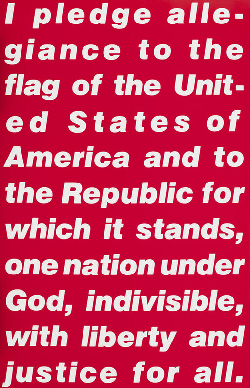 White text on red background displaying the Pledge of Allegiance to the United States.