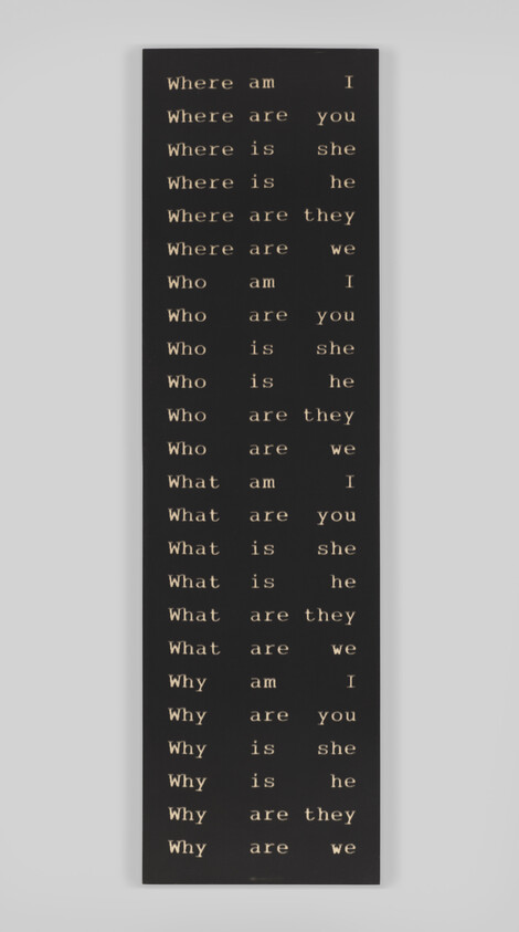 Long vertical board listing repeated questions like "Where," "Who," "What," and "Why" addressed to different people.