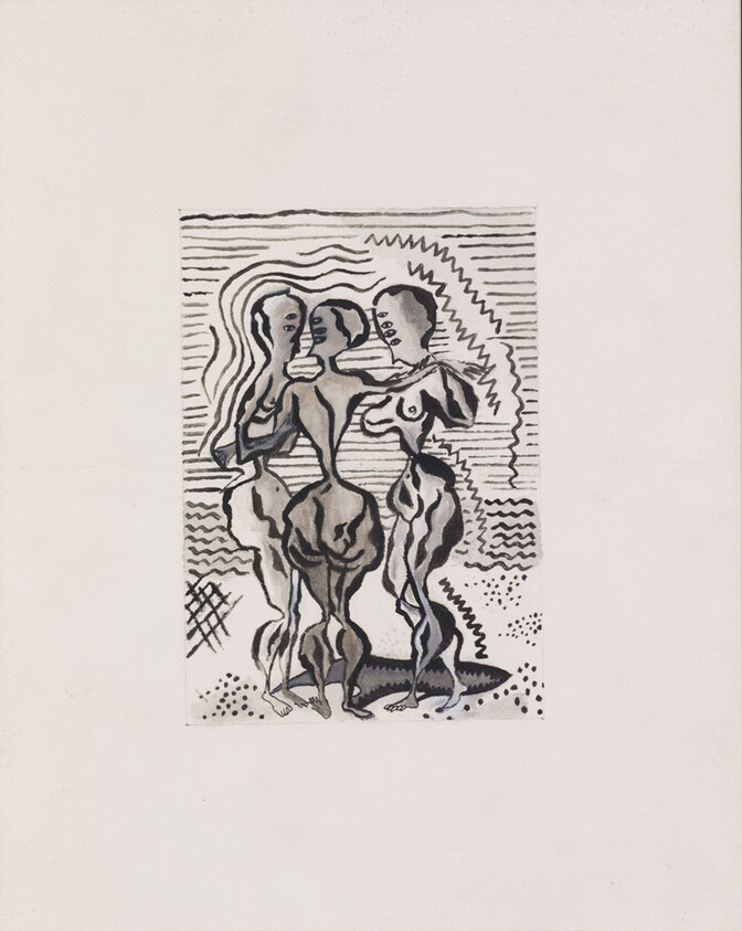 Three abstract nude figures stand closely together with wavy line patterns in the background.