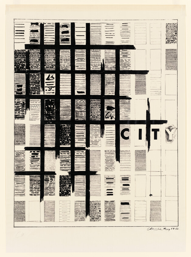 A black and white abstract artwork featuring a grid pattern with various textures in each rectangle, and the word "CITY" prominently painted in black across the center. The piece is signed and dated at the bottom.