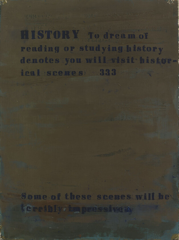 Faded brown page with stenciled blue text reading "HISTORY" and lines about dreaming of reading history.