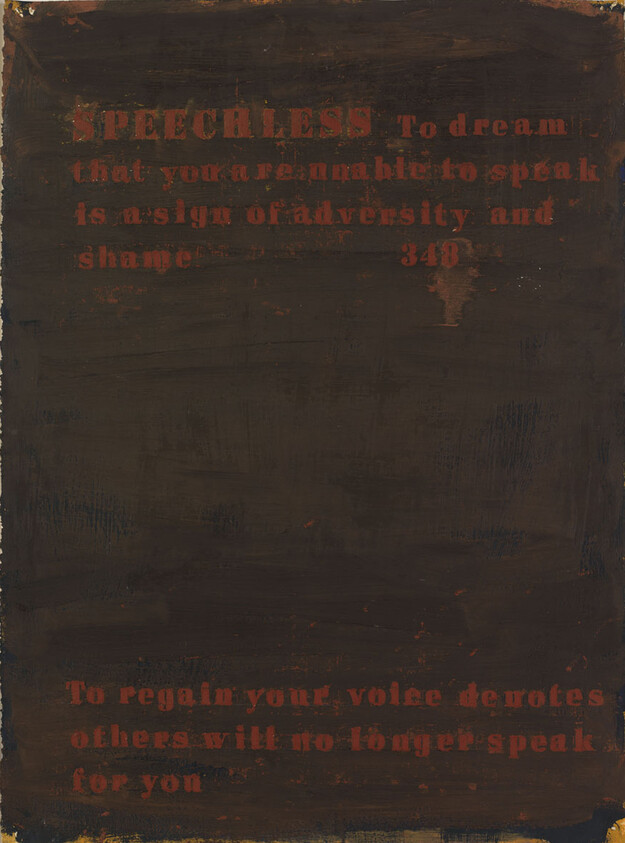 Dark painted canvas with faded red stenciled word "Speechless" and lines about silence and regaining voice.