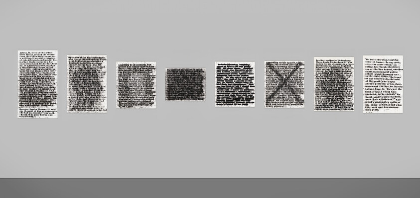 Seven pages with blacked-out or crossed-out text are displayed in a row against a plain gray background.