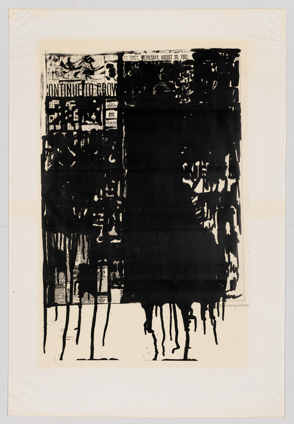 A newspaper page largely obscured by a dripping black rectangular ink blot.