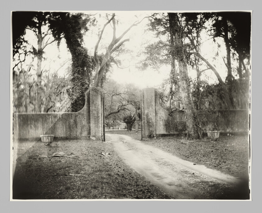 A long dirt driveway leads through a tall stone gate flanked by large oak trees.