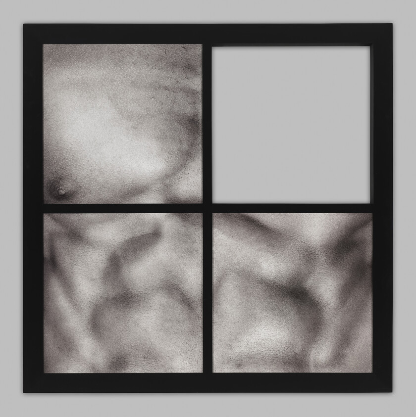 Black four-pane frame showing close-up grayscale torso textures in three panes and one blank pane.