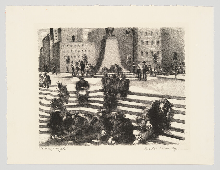 Several men sit and slump on broad striped steps in a city square near a monument.