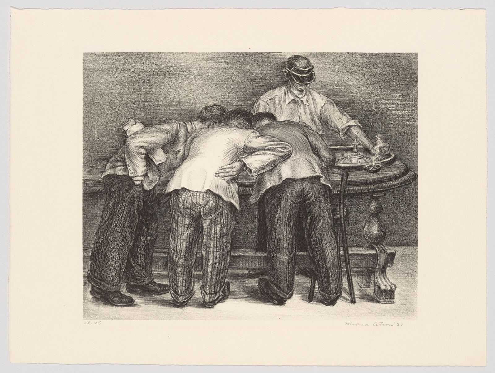 Four men lean closely over a gambling table while the dealer spins the wheel.