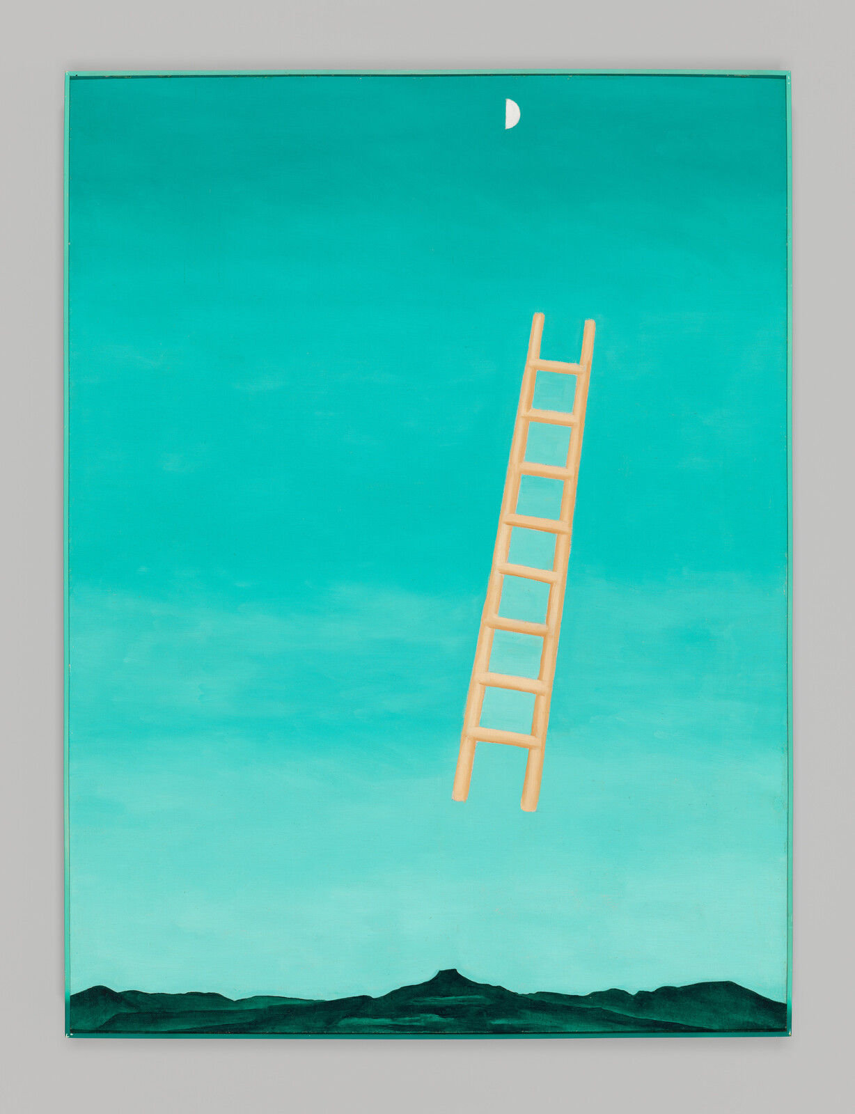 A wooden ladder floats upward in a turquoise sky above a distant dark mountain range.