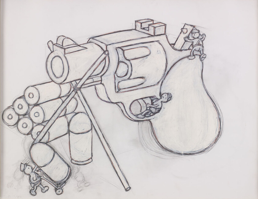 A giant revolver sketch with tiny people loading oversized bullets and pushing cylinders.