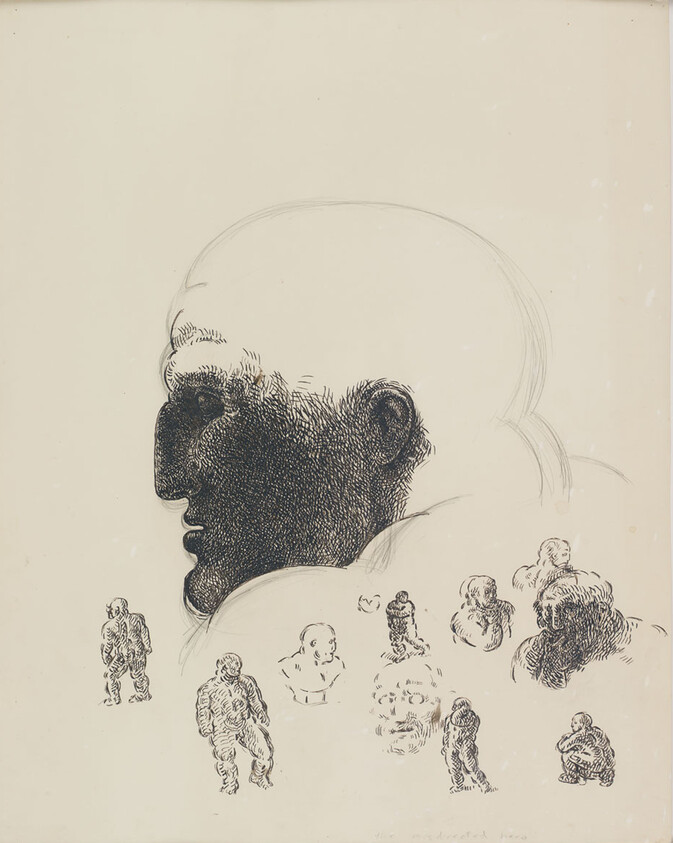 Large sketched profile head filled with dark cross-hatching surrounded by small walking human figures.