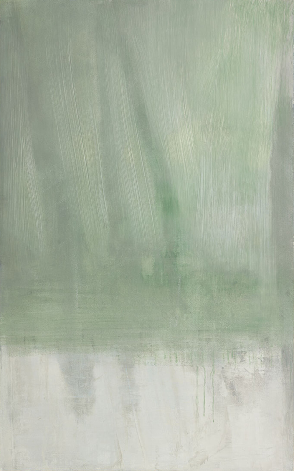 Large abstract painting with soft green brushstrokes above a pale white base, with subtle drips.