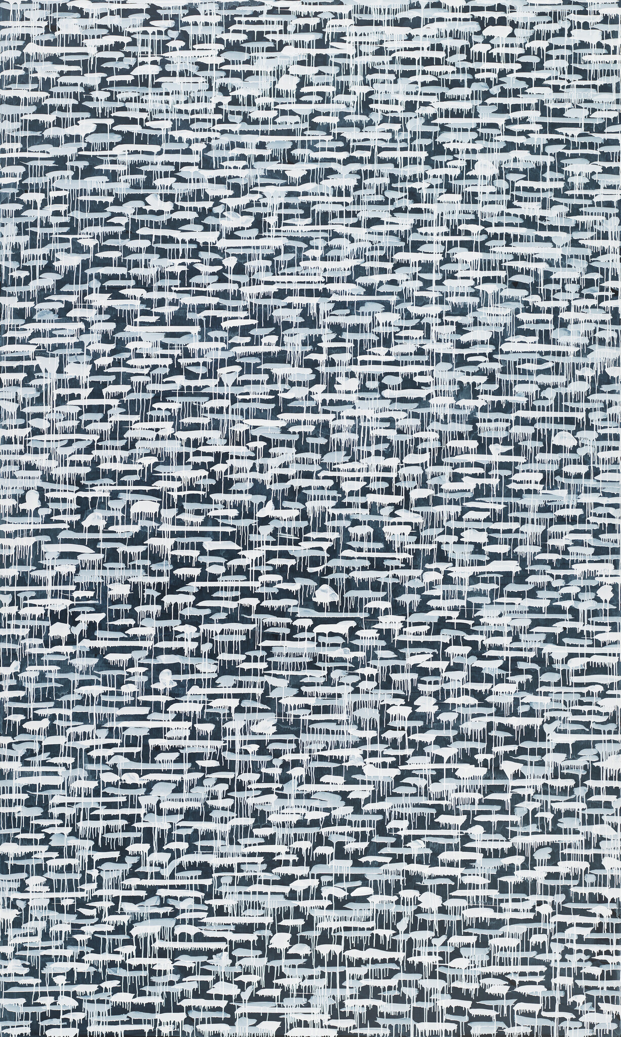 A densely packed pattern of horizontal brushstrokes in various shades of blue and white, creating a textured abstract design that resembles a chaotic, rhythmic sea of lines across the canvas.
