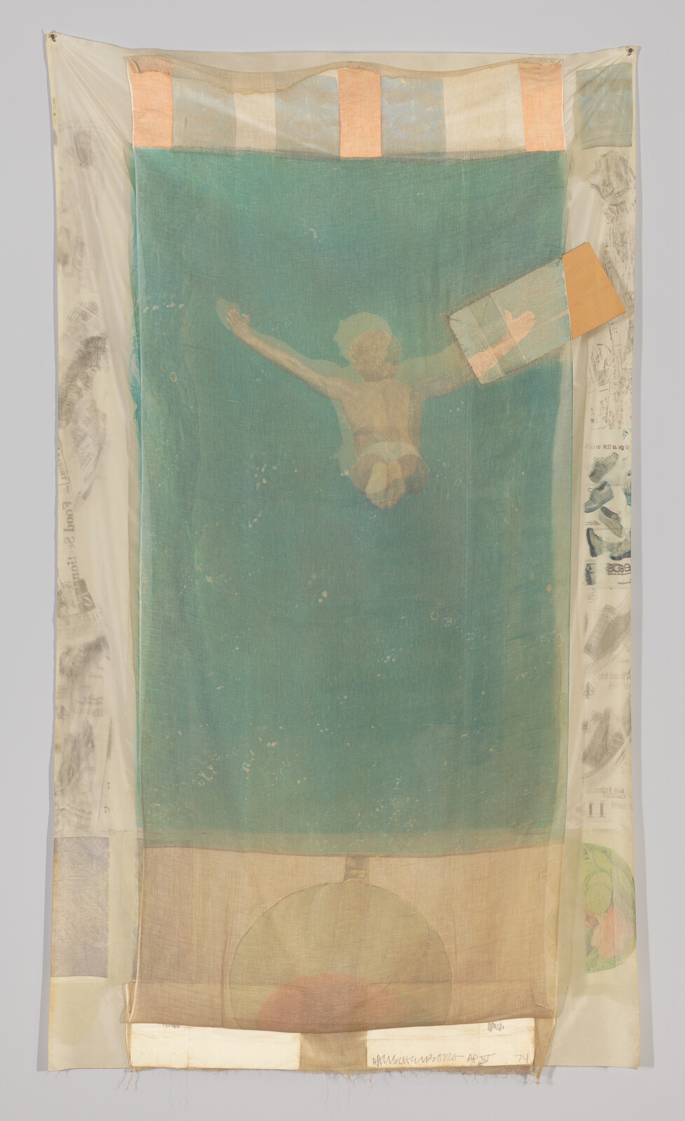 A translucent hanging fabric panel shows a child diving forward with arms outstretched over a teal background.
