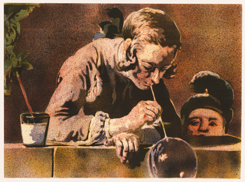 A man leans over a wall blowing a large soap bubble while another watches.