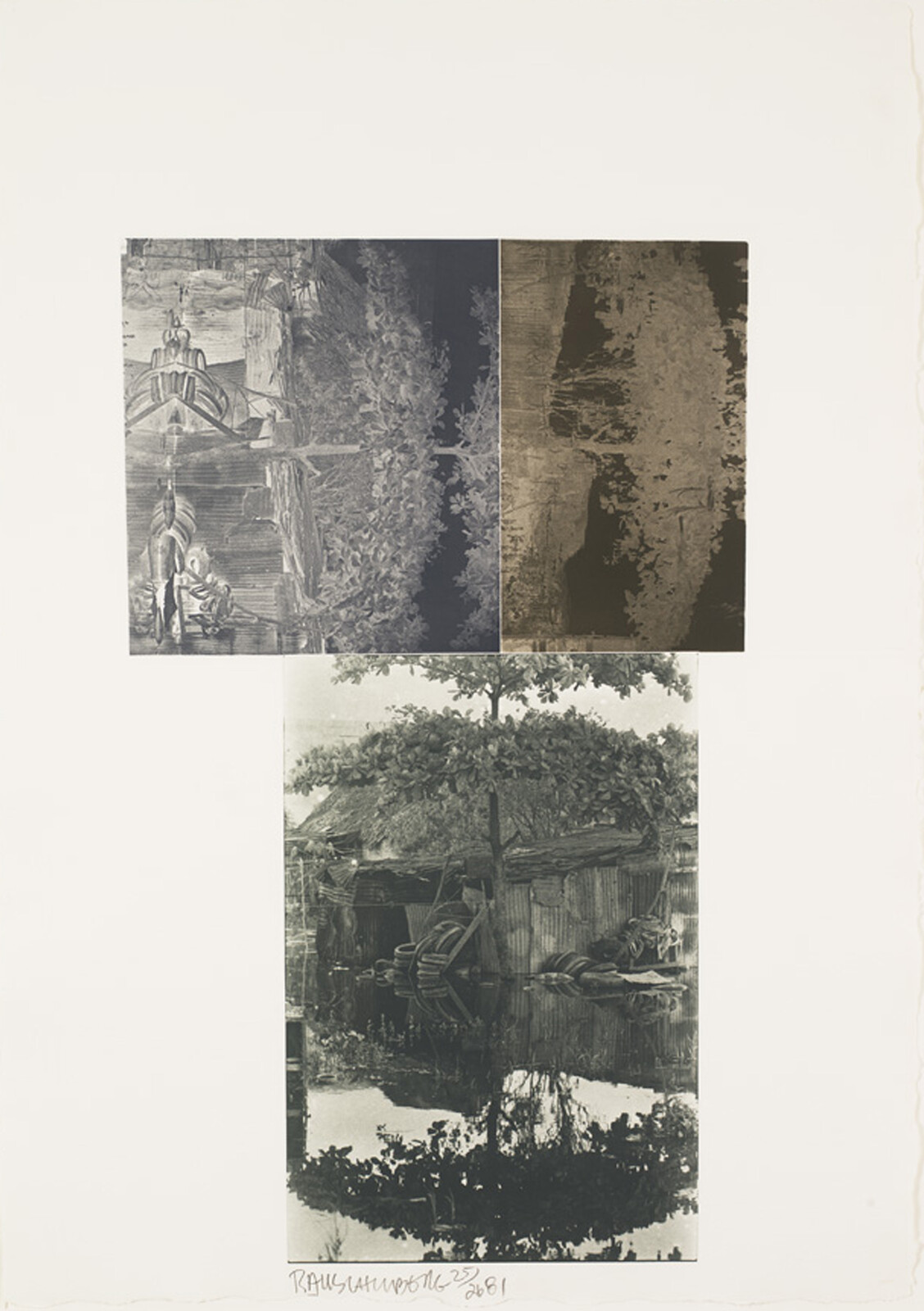 Three photographic panels showing rural huts, trees, and water reflections arranged on a pale background.