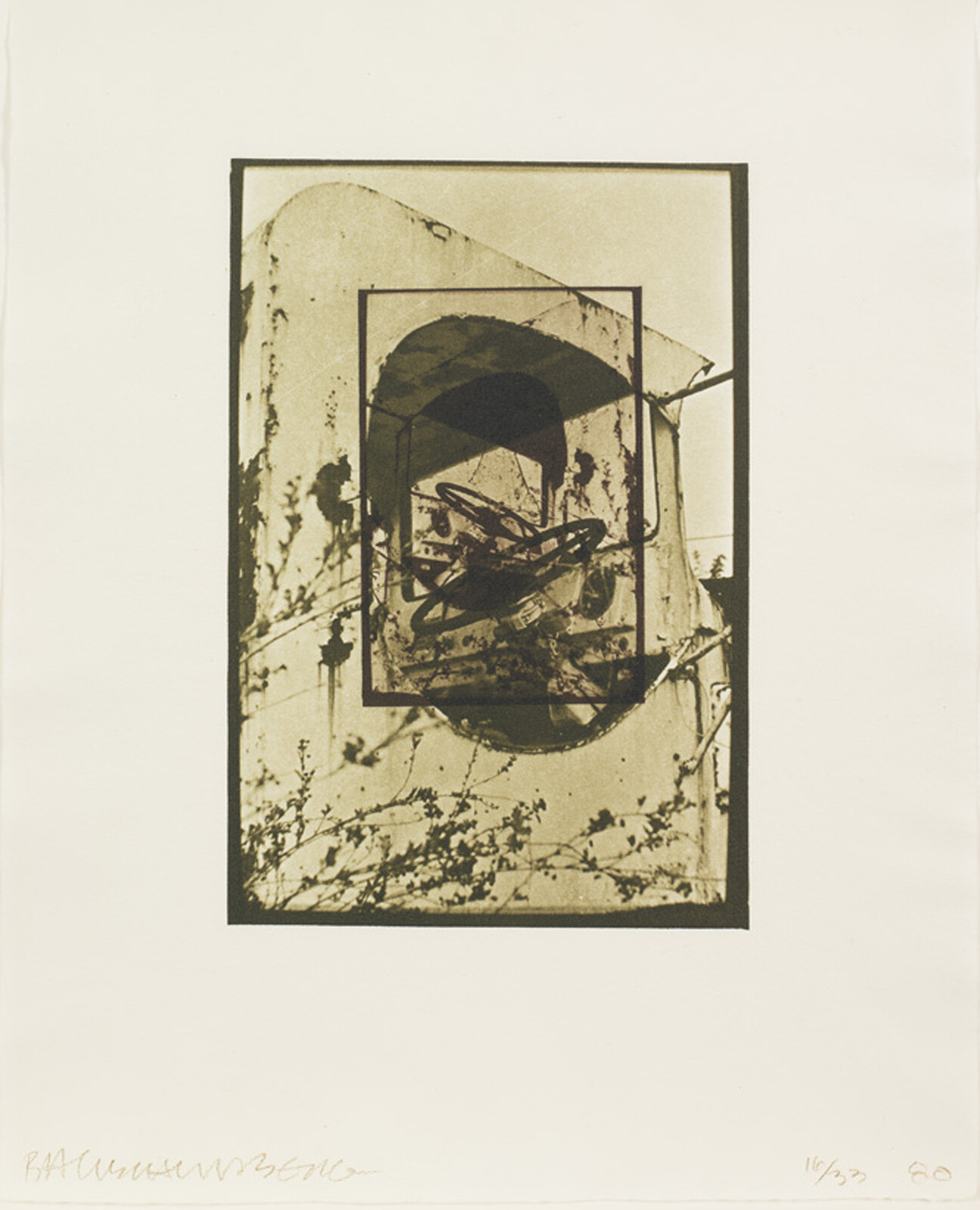 Sepia abstract print showing layered rectangles over a weathered circular industrial structure entwined with vines.