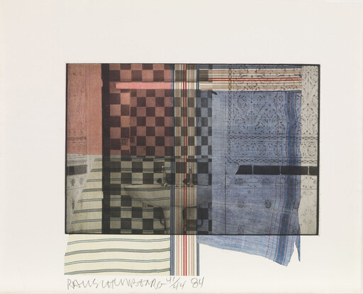 Overlapping checkered and striped fabric panels create a layered rectangular collage.