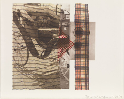 A mixed-media collage showing a bicycle wheel and seat overlapped by striped fabric, polka dots, and plaid.