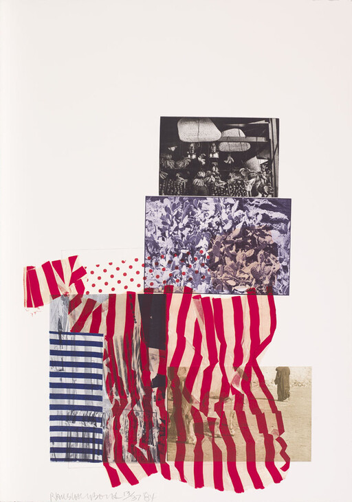 Layered collage of patterned papers and photographs with red vertical stripes and blue bars.