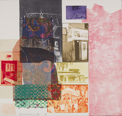 Layered collage of patterned panels and vintage photographs showing vehicles and busy market scenes.
