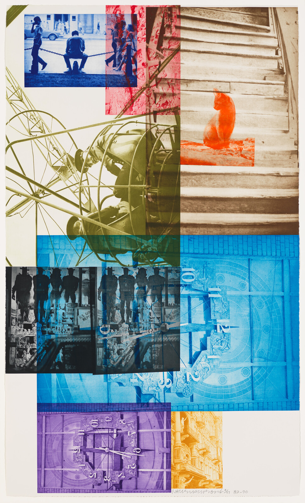 A collage of various images with different color overlays, including a blue-toned photo of people sitting behind a chain, a red-toned image of soldiers, an orange-toned image of a cat on stairs, a green-toned image of a Ferris wheel, a blue-toned architectural drawing, and a purple-toned image of a ceiling with chandeliers, among others. The images are arranged in a grid pattern with some overlapping elements, creating a visually complex composition.