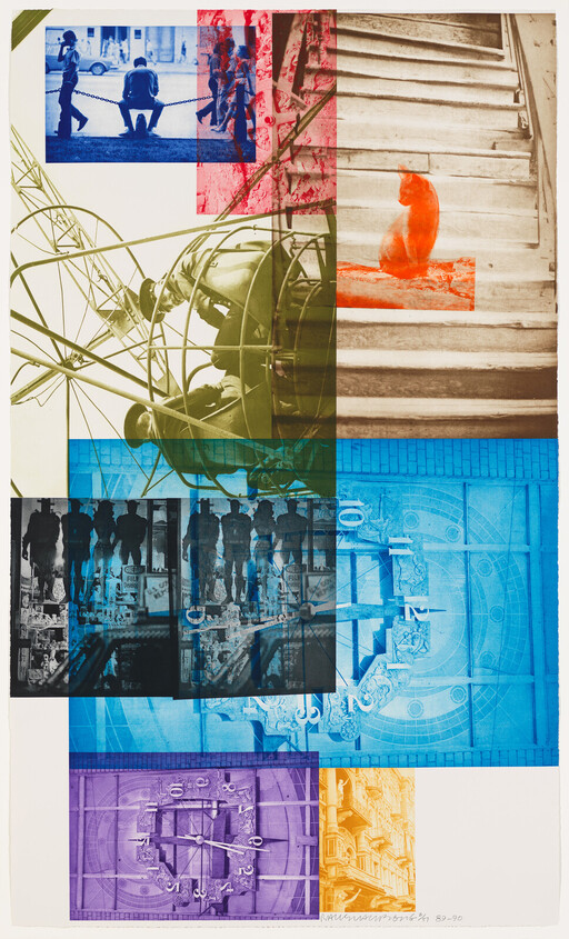 Collage showing a cat sitting on stairs with overlapping images of people, clocks, and buildings.
