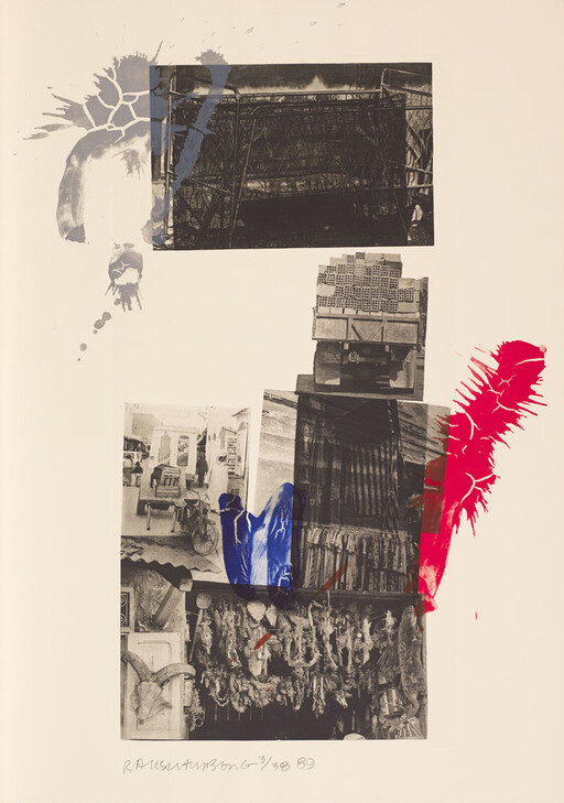 Collage of black-and-white market and truck photos with blue and red paint splashes.