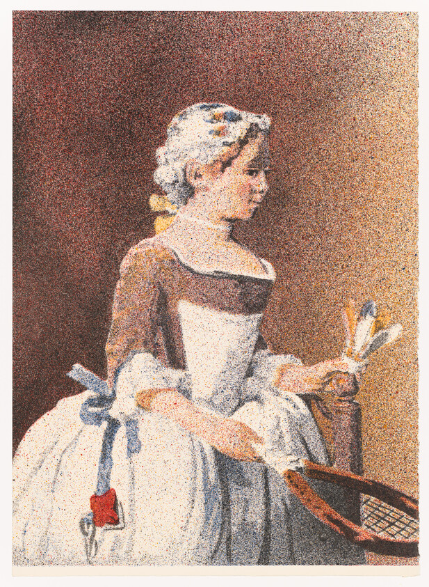 A young woman in 18th-century dress sits holding a small feather fan and looking to the right.